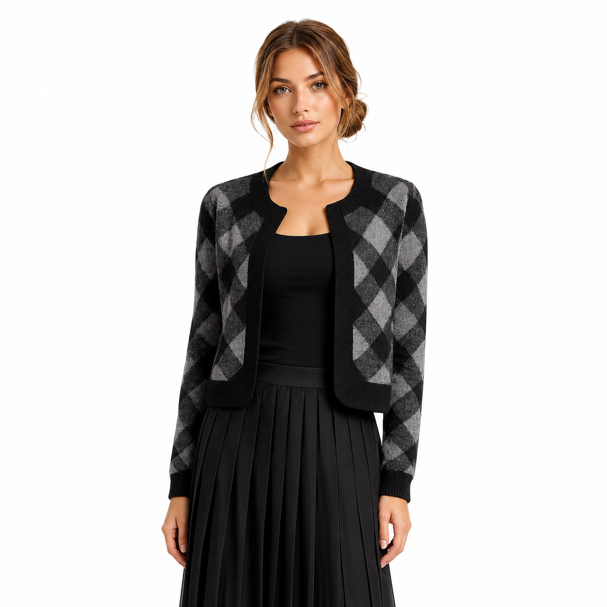 Chic Argyle Pleated Cropped Jacket – Modern Black & Grey Lightweight Cardigan