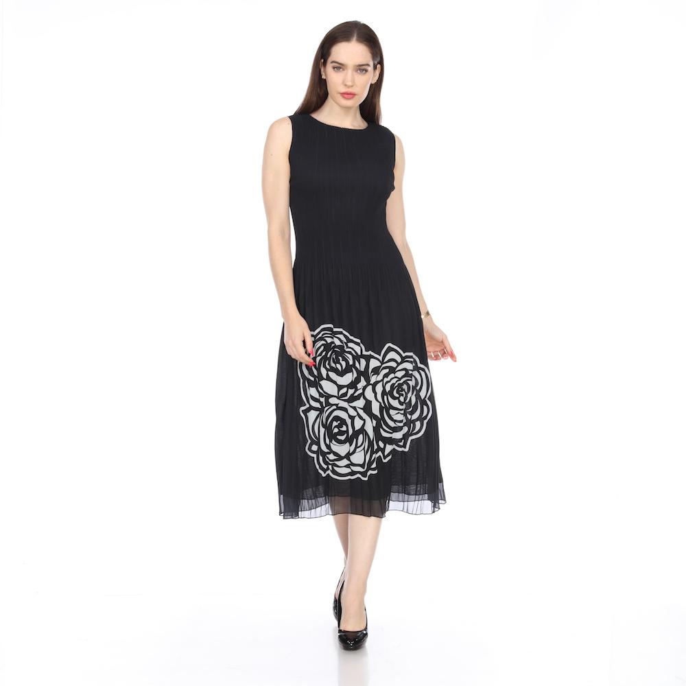 Elegant Pleated Floral Midi Dress – Black, Blue & Berry
