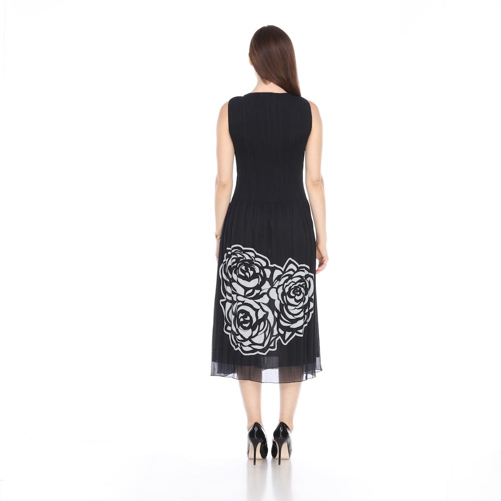 Elegant Pleated Floral Midi Dress – Black, Blue & Berry