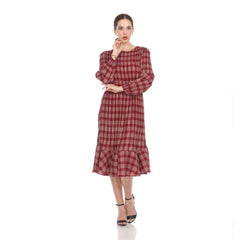 3/4 Sleeve Plaid Print Dress - DR1161 Wine