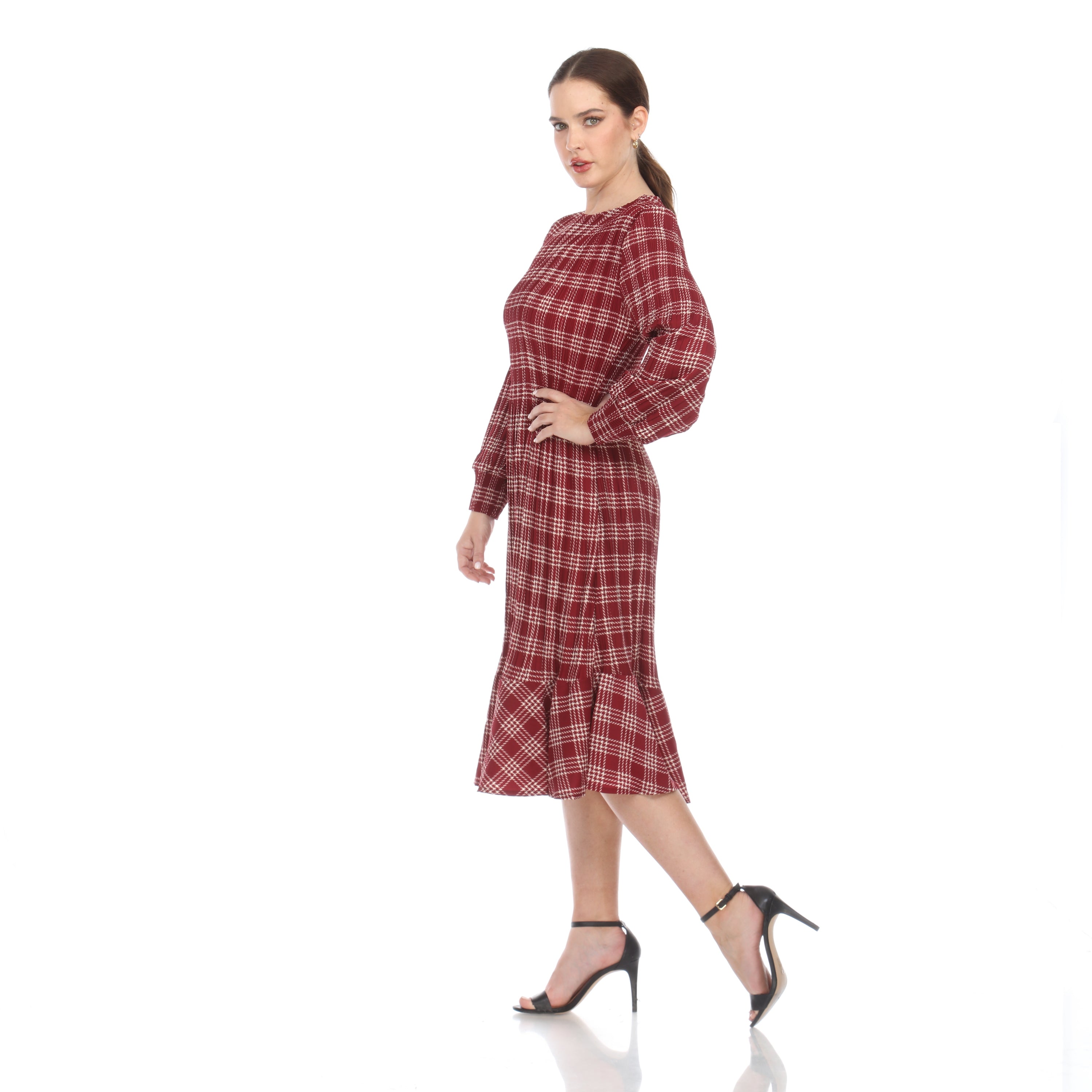 3/4 Sleeve Plaid Print Dress - DR1161 Wine