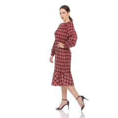 3/4 Sleeve Plaid Print Dress - DR1161 Wine
