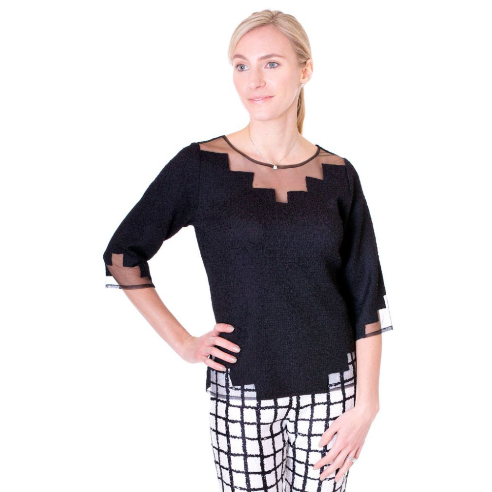 3/4 Sleeve Top With Tulle Trim - T403